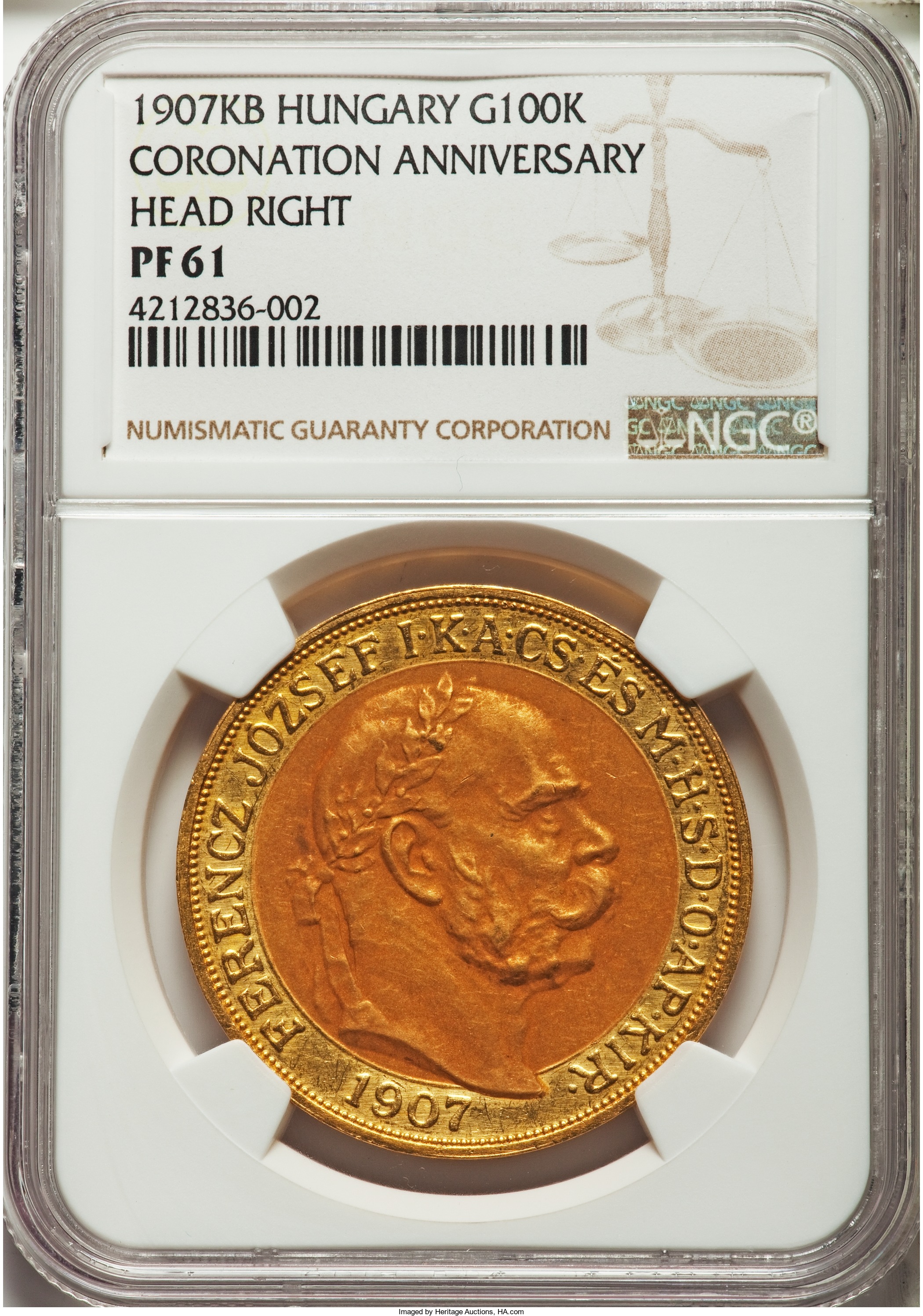 アンティークコイン ハンガリー 1907年 皇帝戴冠式記念100コロナ金貨 PF61 NGC