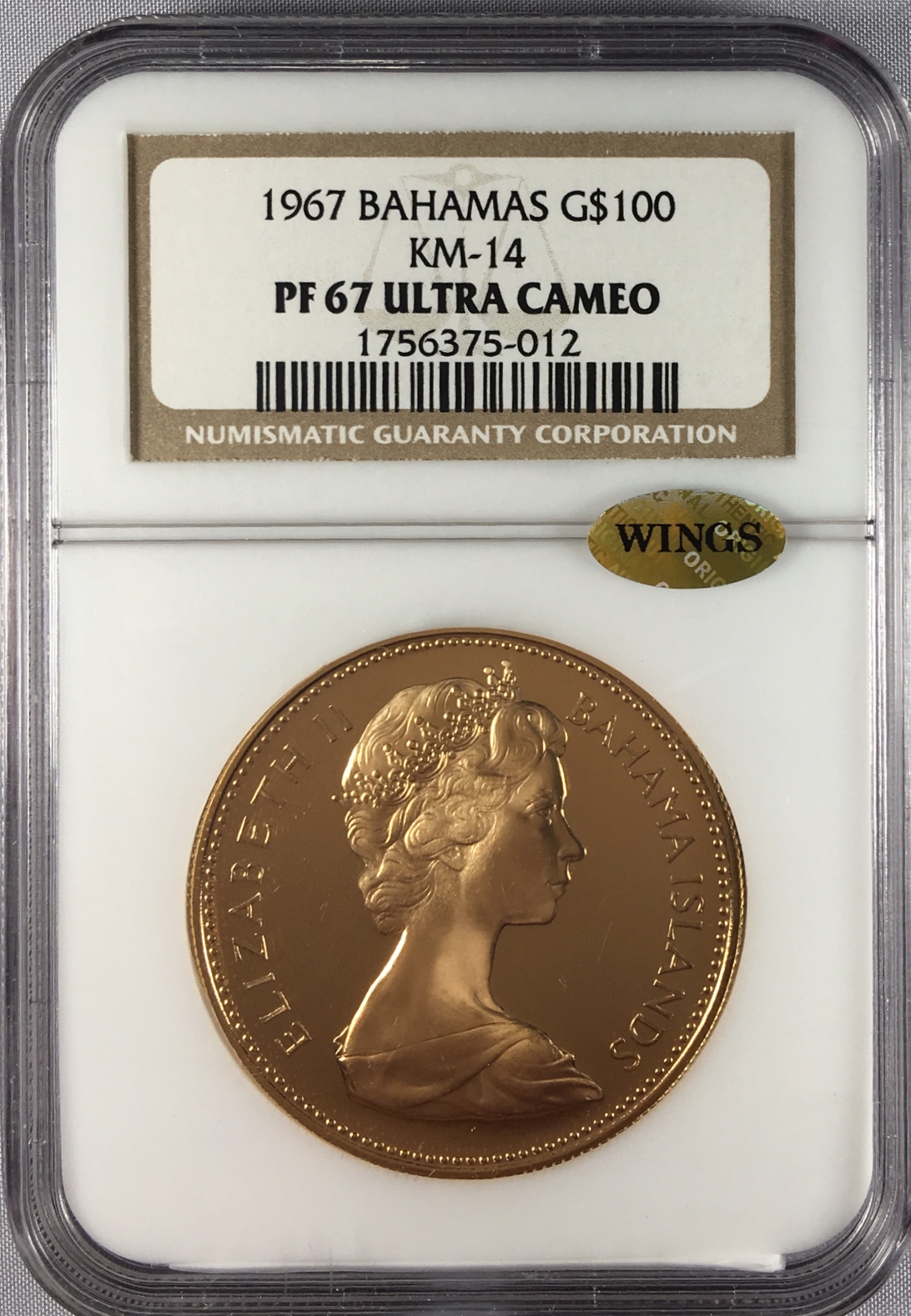 1967年イギリス連邦 バハマ ヤングエリザベス 100ドル プルーフ金貨PF67 UCAM NGC | イギリスモダン 金貨・銀貨