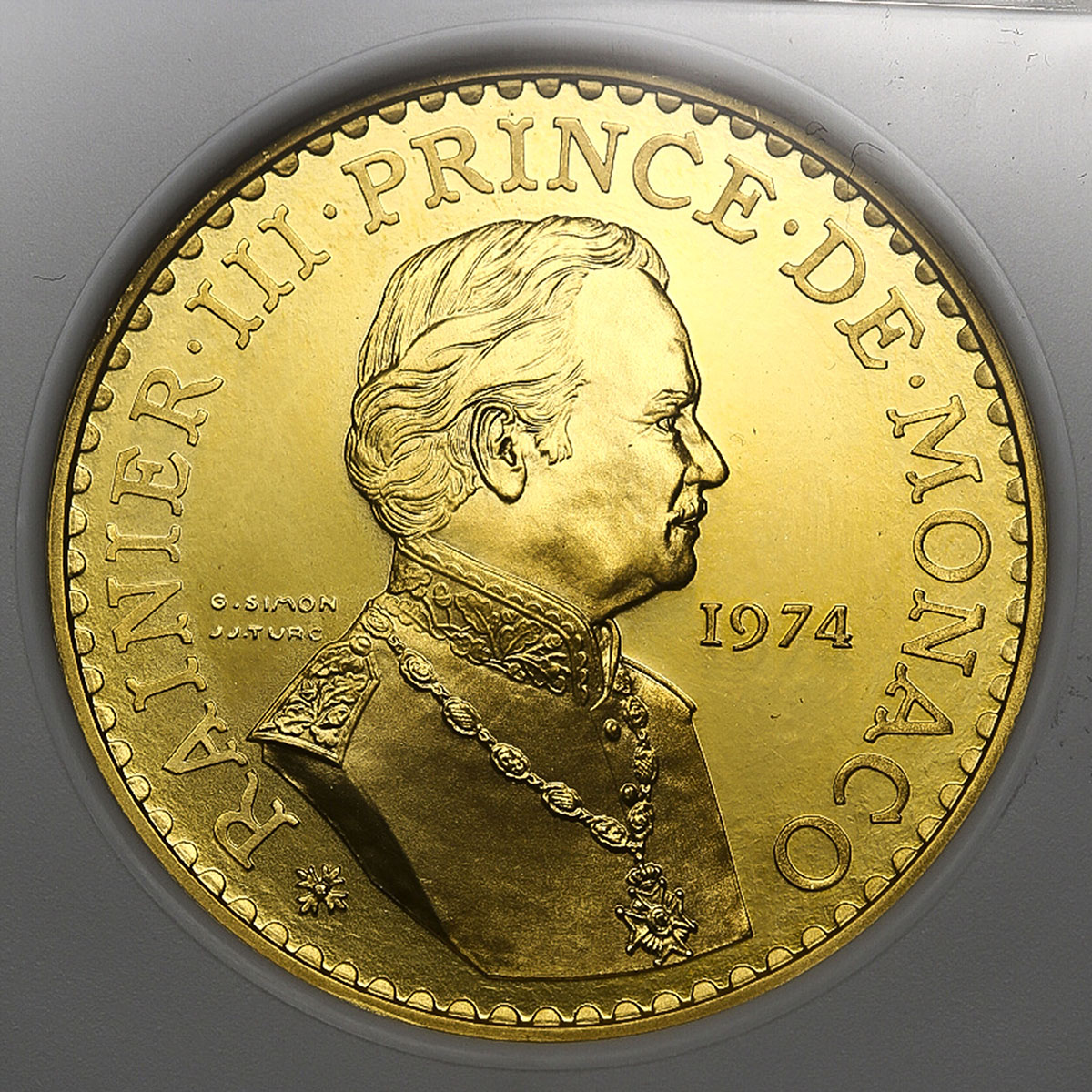 1974年モナコ レーニエ3世治世25周年 50フラン試鋳貨ピエフォー プルーフ金貨PCGS SP65
