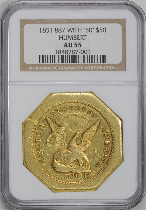 アンティークコイン アメリカ 50ドル金貨1851リバース887ハンバート $50 AU55 NGC