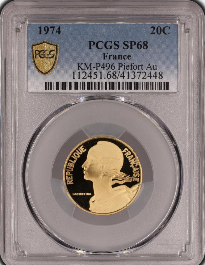 アンティークコイン フランス 1974年 20サンチームピエフォー金貨 PCGS