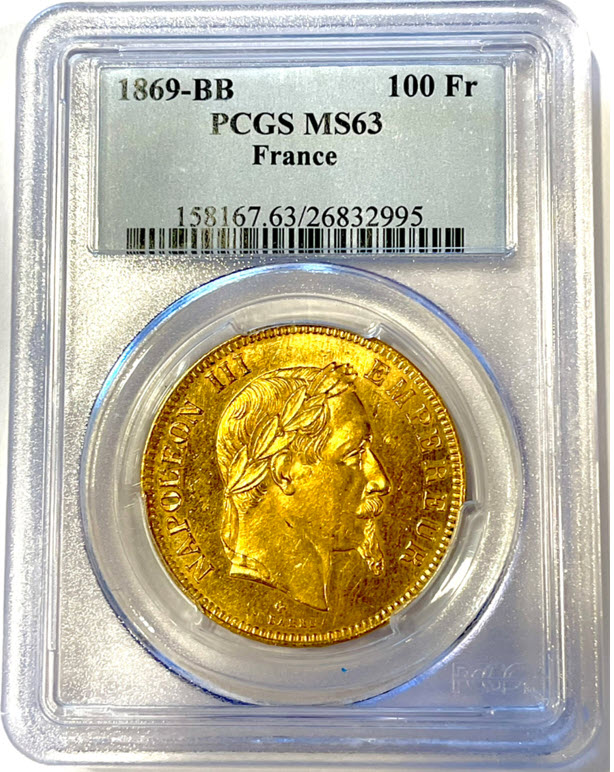 アンティークコイン フランス金貨 エンペラー ナポレオン III Napoleon III gold 100 Francs 1869-BB