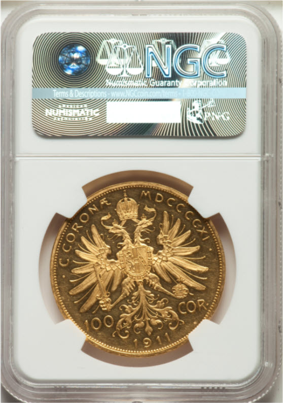 オーストリア 1911年 フランツ・ヨーゼフ1世 100コロナ金貨 NGC PF60