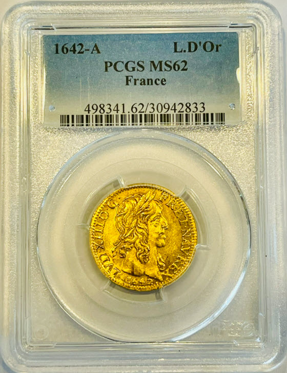 レア度1-R1】フランス 1642-A年 ルイ13世 1ルイドール金貨 PCGS-MS62
