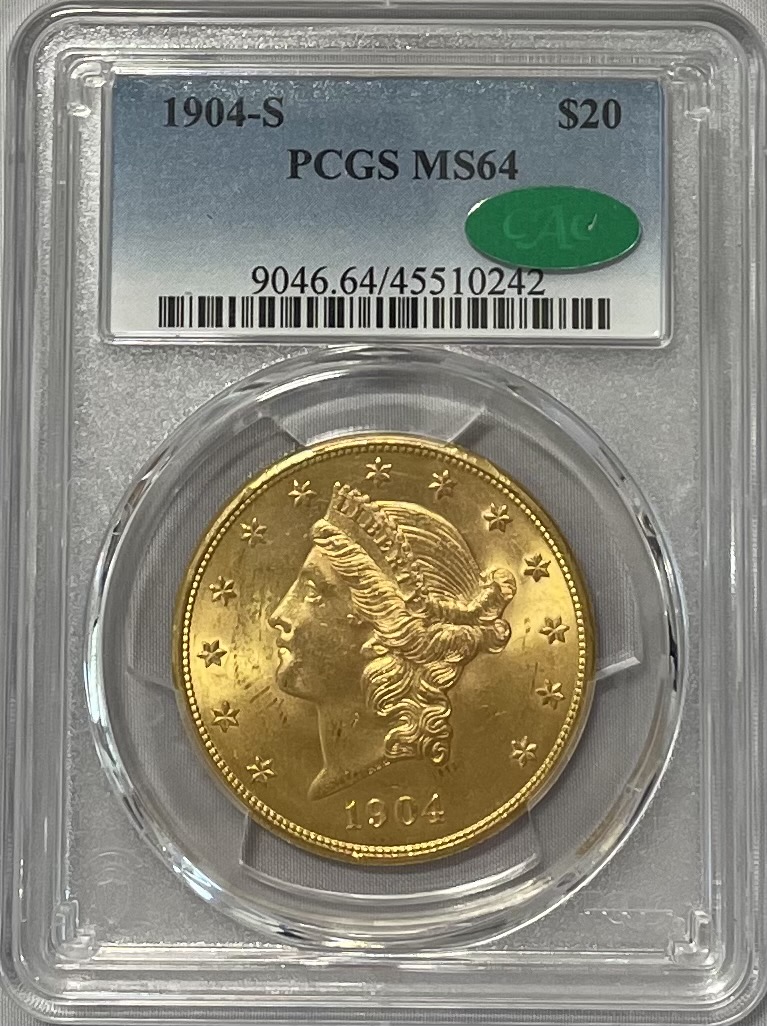 【資産防衛】アンティークコイン アメリカ 20ドル金貨 リバティヘッド1904-S $20 PCGS-MS64 CAC | アンティークコイン