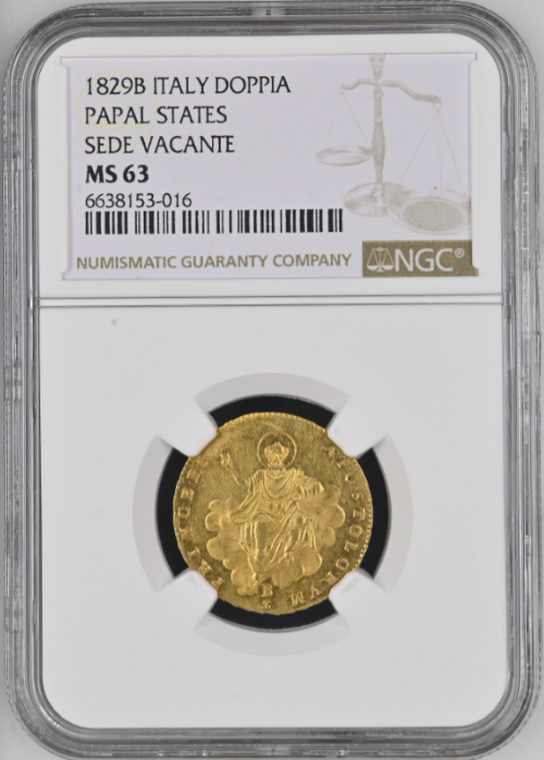 レア度1-R1】イタリア 1829-B年 空位時代 1ドッピア金貨 NGC-MS63