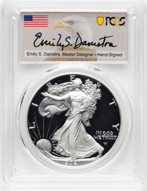 イーグル銀貨　鑑定品　最高評価のファーストストライク エミリー・S・ダムストラ サイン入り】ファースト・ストライク